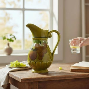 May include: Olive green ceramic pitcher with a decorative fruit design. The pitcher has a curved handle and a wide spout. A small plate of green grapes sits on a wooden table. A person is holding a glass of liquid.