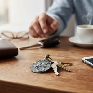 May include: A set of keys with a silver Esso Tiger keychain, resting on a wooden table. The keychain has a circular design with the Esso logo and a tiger emblem. Other keys and a car key fob are also present.