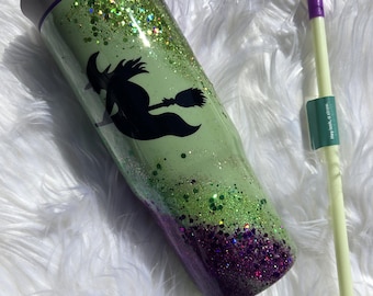 Taza Owala con brillo morado y verde de bruja - 24 oz