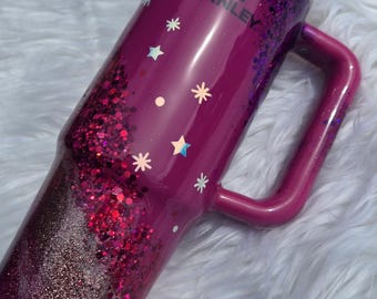 Fuchsia Glittery Stanley cup with glow in the dark stars- 30 oz