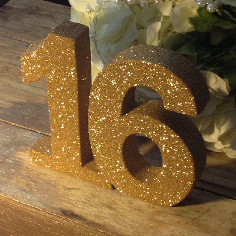 Birthday party decoration Birthday gift Luxury party Freestanding wooden number Birthday Party Anniversary Glitter table numbers