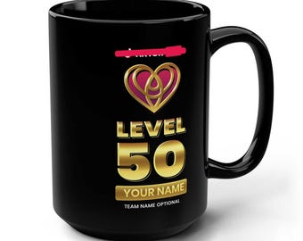 Personalized Heart Level 50 Award Mug - 15oz - Streamer Gift - Milestone Award - Level 50 Achievement Gift - Top Donor Gift - Heart Me