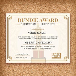 Custom Dundie Award Certificate: The Office Fan Gift (Printable Digital Download 11x8.5)