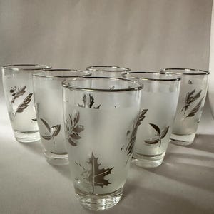 6 vasos vintage MCM Libbey con hojas de plata esmerilada y cubitera