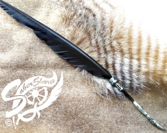 HAND-MADE Quill Pen Raven's Wing Ink Dip Porcupine Quill Feather Pen and Hematite STEAMPUNK