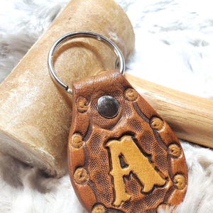 CUSTOM TOOLED Leather Keychain fob key ring Southwestern INITIAL