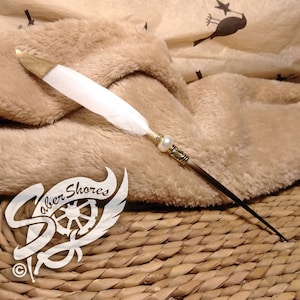 GRECIAN PEARL Ink Dip Porcupine Quill Pen w/ Feather gold-tone and PEARL bead