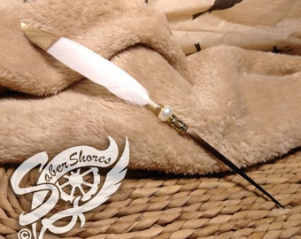 GRECIAN PEARL Ink Dip Porcupine Quill Pen w/ Feather gold-tone and PEARL bead