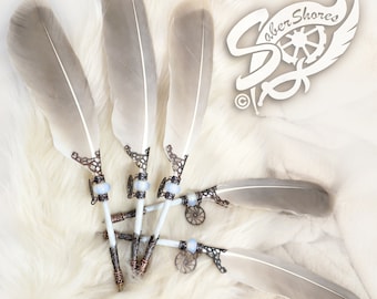 gift Guestbook pen OPALITE feather Quill GEARS steampunk ball point WEDDING journal blue ink