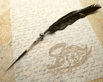 Artist Quill Pen Raven's Wing Ink Dip REAL Porcupine Quill Feather Pen and Hematite STEAMPUNK