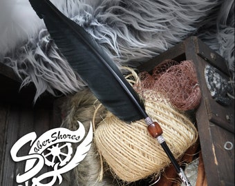 Journal pen feather DARK WOOD Quill ball point ravens wing  WEDDING guestbook