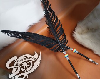 HAND-CRAFTED Feather Quill ball point PEN ravens wing RAiNBOW guestbook