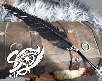 May include: A black feather quill pen with a silver and black decorative tip, resting on top of a wooden treasure chest. The chest is closed and has metal accents. The background is a white fluffy surface.