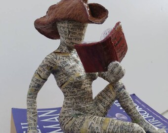 Book lover gift, papier mache sculpture, collectible item, woman with Santa hat