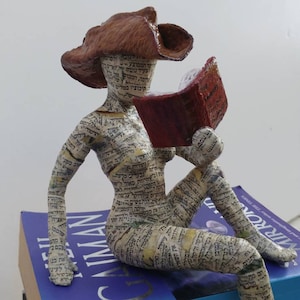 Book lover gift, papier mache sculpture, collectible item, woman with Santa hat