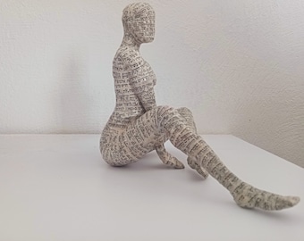 Paper mache sculpture, sitting woman sculpture, book lover gift, papier mache,