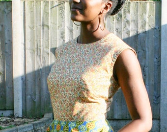 Dress 1950's style pink-green multi-coloured African-vintage floral print 100% cotton handmade in the UK