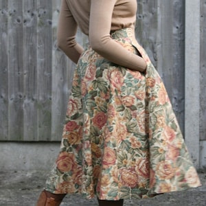 Brown multi-coloured vintage autumn floral 1950's midi length Skirt 100% cotton twill handmade in the UK image 1