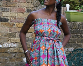 Strapless-tiered midi Dress or maxi Skirt two-ways styling in pink-green multi coloured African print 100% cotton handmade in UK