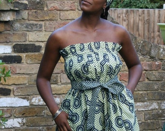 Strapless-tiered midi Dress or maxi Skirt two-ways styling in navy African Ankara print 100% cotton handmade in the UK