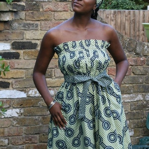 Strapless-tiered midi Dress or maxi Skirt two-ways styling in navy African Ankara print 100% cotton handmade in the UK image 1