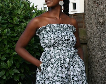 Strapless tiered midi Dress or maxi Skirt two-ways styling in vintage green floral print 100% cotton handmade in the UK