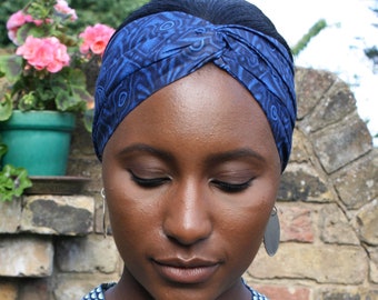 Headband-Turban navy African Ankara print 100% cotton handmade in the UK