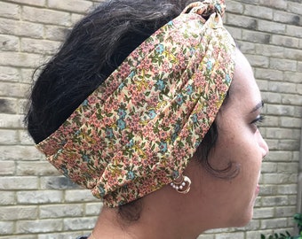 Head-wrap pink-blue vintage floral print 100% cotton handmade in the UK