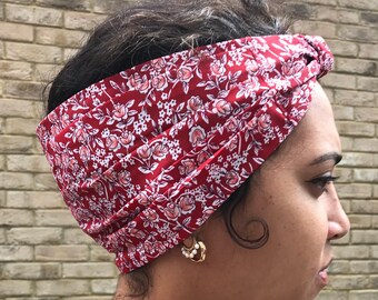 Head-wrap red vintage floral print 100% cotton handmade in the UK