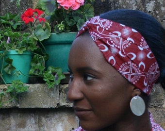 Headband-Turban burgundy African Ankara print 100% cotton handmade in the UK