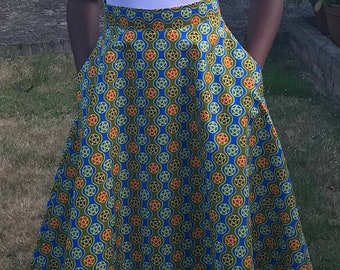 Skirt 1950's style green African print 100% cotton handmade in the UK