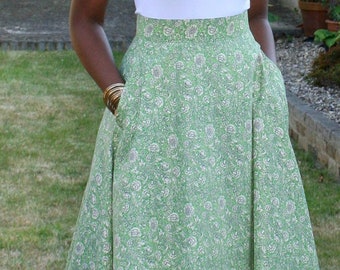 Skirt 1950's style green vintage floral print 100% cotton handmade in the UK