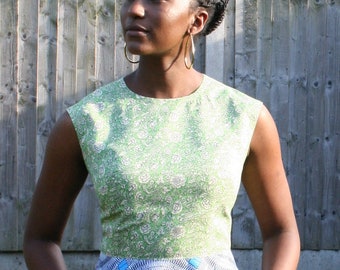 Dress 1950's style green-blue African-vintage floral print 100% cotton handmade in the UK