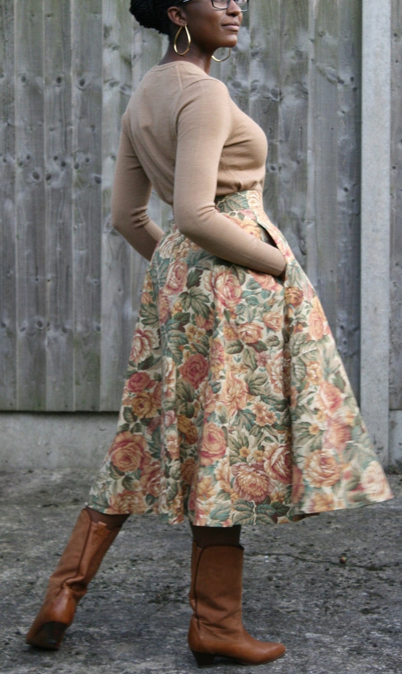 Brown multi-coloured vintage autumn floral 1950's midi length Skirt 100% cotton twill handmade in the UK image 1