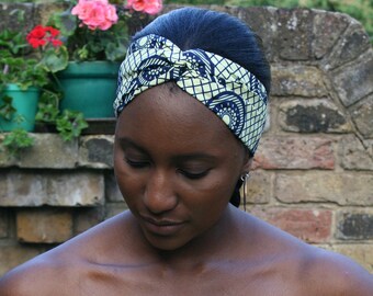 Headband-turban navy-soft yellow African Ankara print 100% cotton handmade in the UK