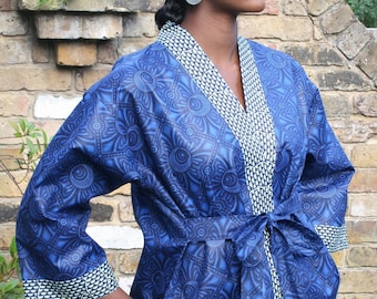 Kimono navy African Ankara print 100% cotton handmade in the UK
