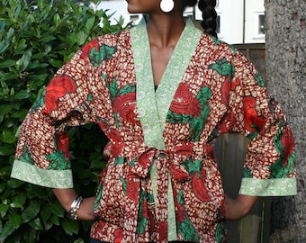 Kimono green-multi coloured African-vintage floral print 100% cotton handmade in the UK