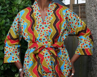 Kimono African green multi coloured print 100% cotton handmade in the UK