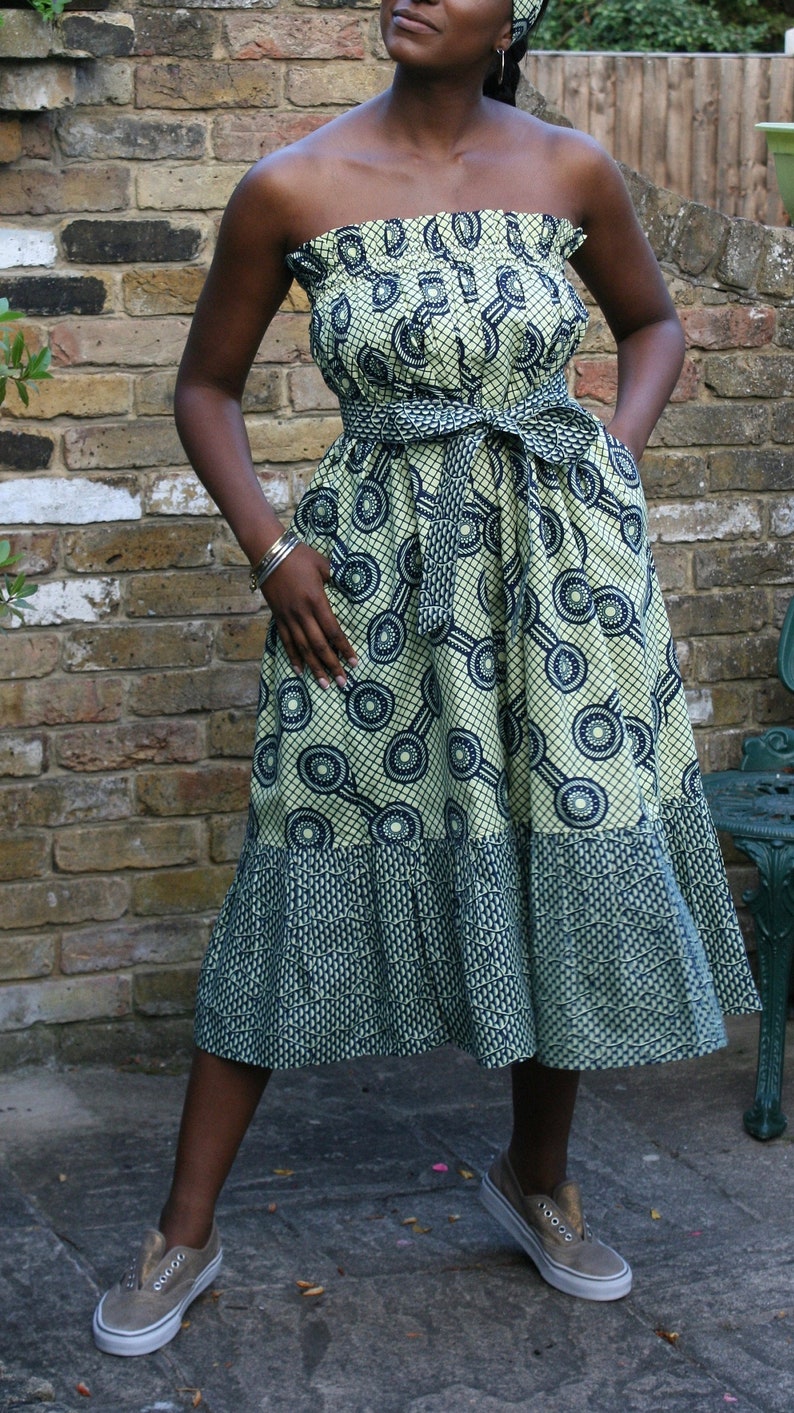 Strapless-tiered midi Dress or maxi Skirt two-ways styling in navy African Ankara print 100% cotton handmade in the UK image 1