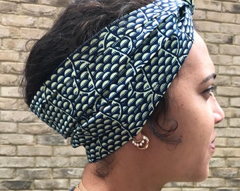 Head-wrap navy stripe African Ankara print 100% cotton handmade in the UK