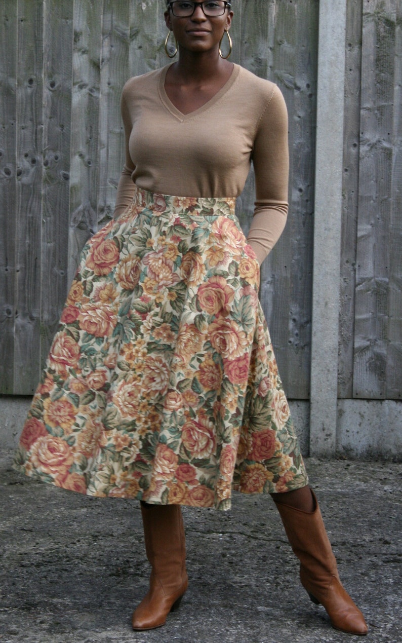 Brown multi-coloured vintage autumn floral 1950's midi length Skirt 100% cotton twill handmade in the UK image 2