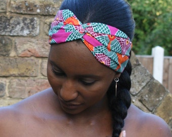 Headband-turban pink-green multi coloured African print 100% cotton handmade in the UK
