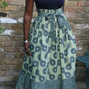 Strapless-tiered midi Dress or maxi Skirt two-ways styling in navy African Ankara print 100% cotton handmade in the UK image 4