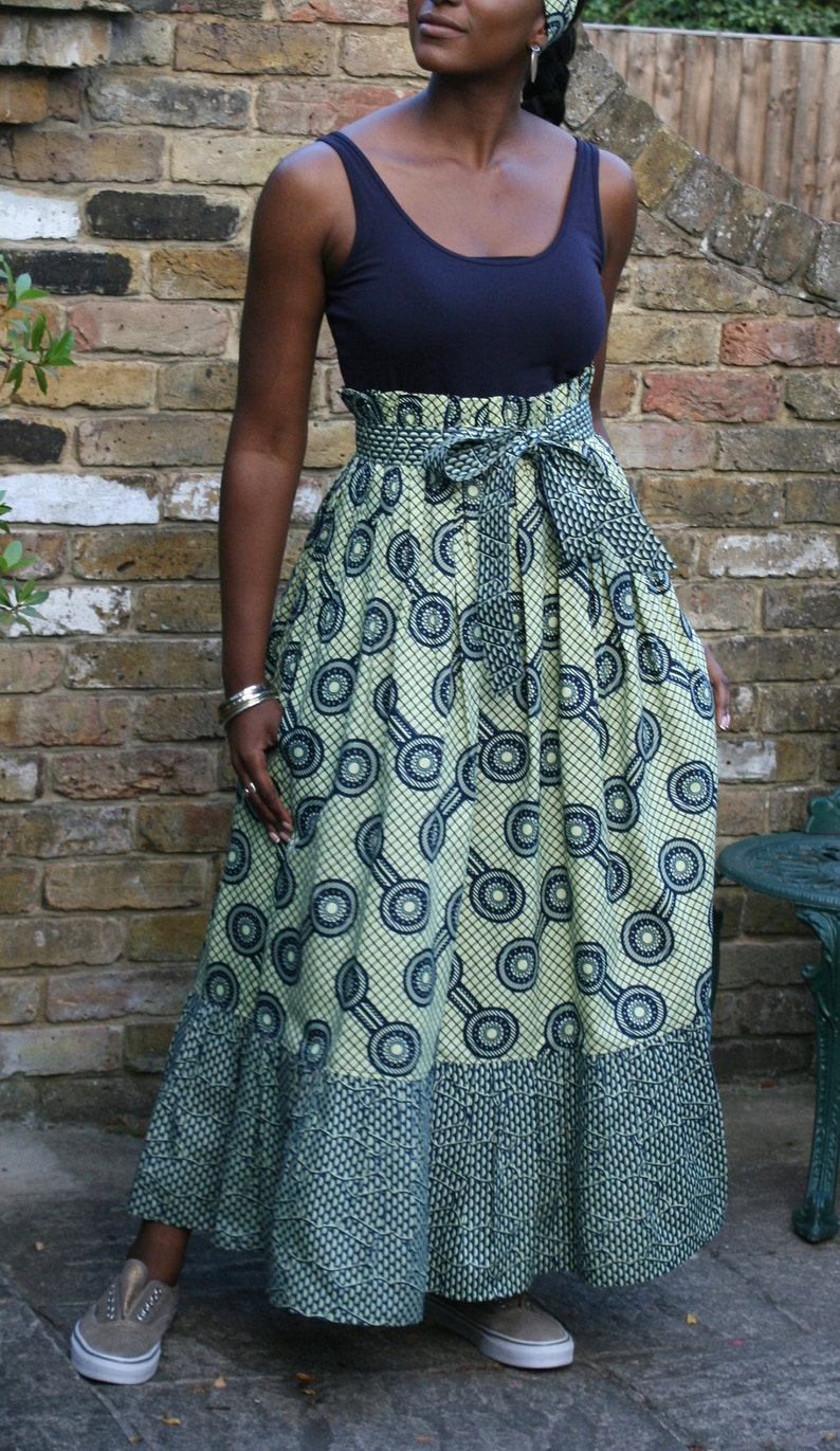 Strapless-tiered midi Dress or maxi Skirt two-ways styling in navy African Ankara print 100% cotton handmade in the UK image 4