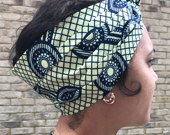 Head-wrap navy swirl African Ankara print 100% cotton handmade in the UK