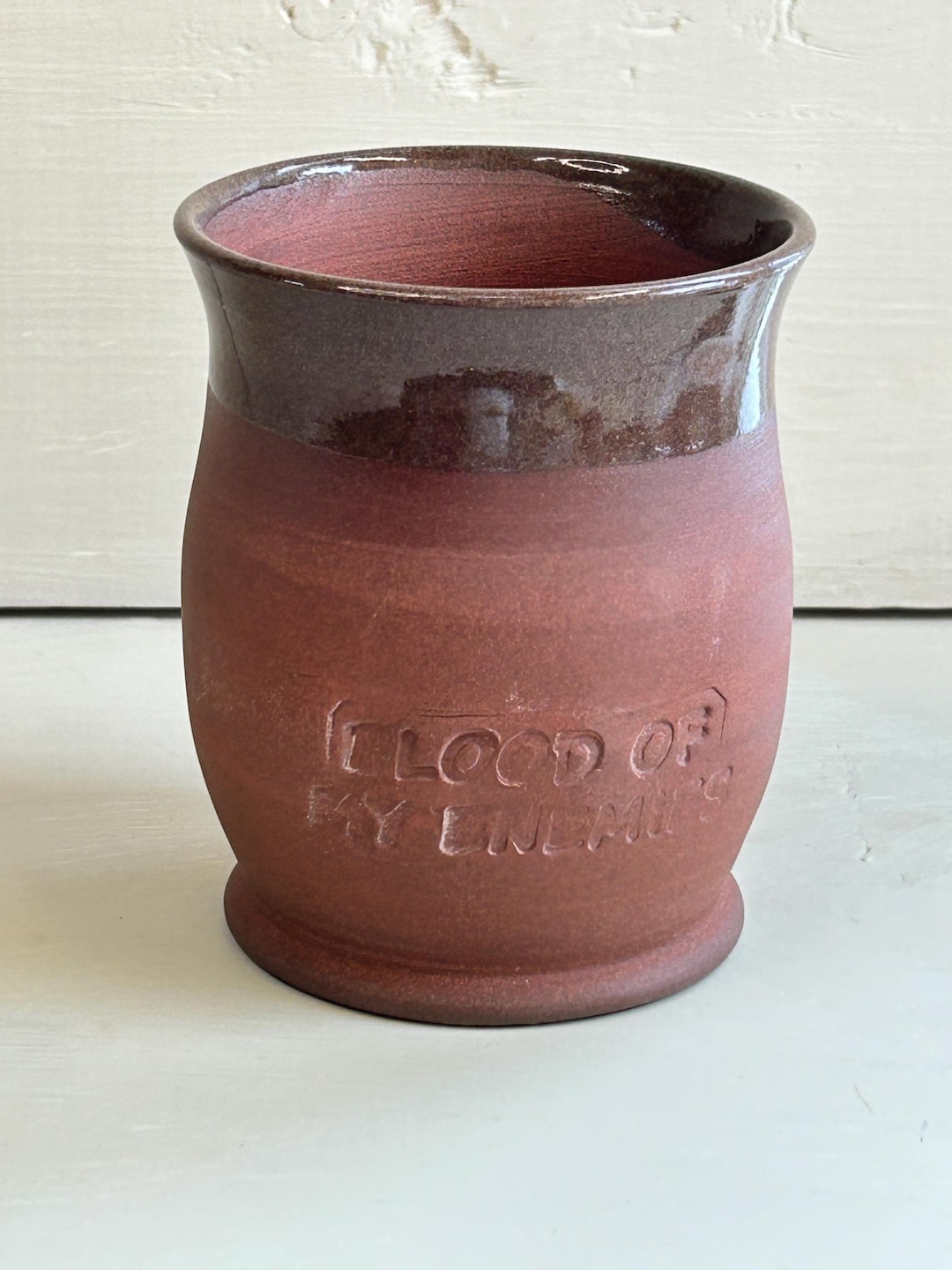 Handmade Pottery Red Wine Cup, Unglazed Mug, Blood of My Enemies Stamp ...