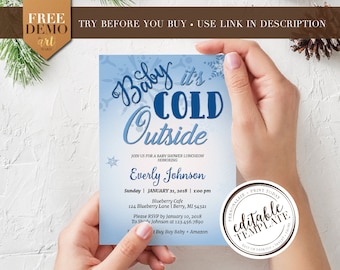 Baby It's Cold Outside • Baby Shower Invitation + Diaper Raffle Card • Self Edit • Save + Download + Print Today