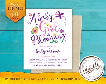 Baby Girl is Blooming • Baby Shower Invite • Self Edit + Save + Download + Print Today