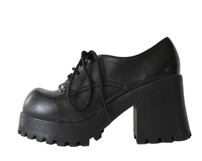 90s Chunky Platorm Black Vegan Leather Shoes Pierced Lace up Club Kid ...