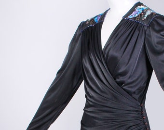 80s Abby Kent Glossy Black Draped Wrap Dress Blue Sequin Women's Size Small/6 - 34" bust - 26" waist - 40" hips